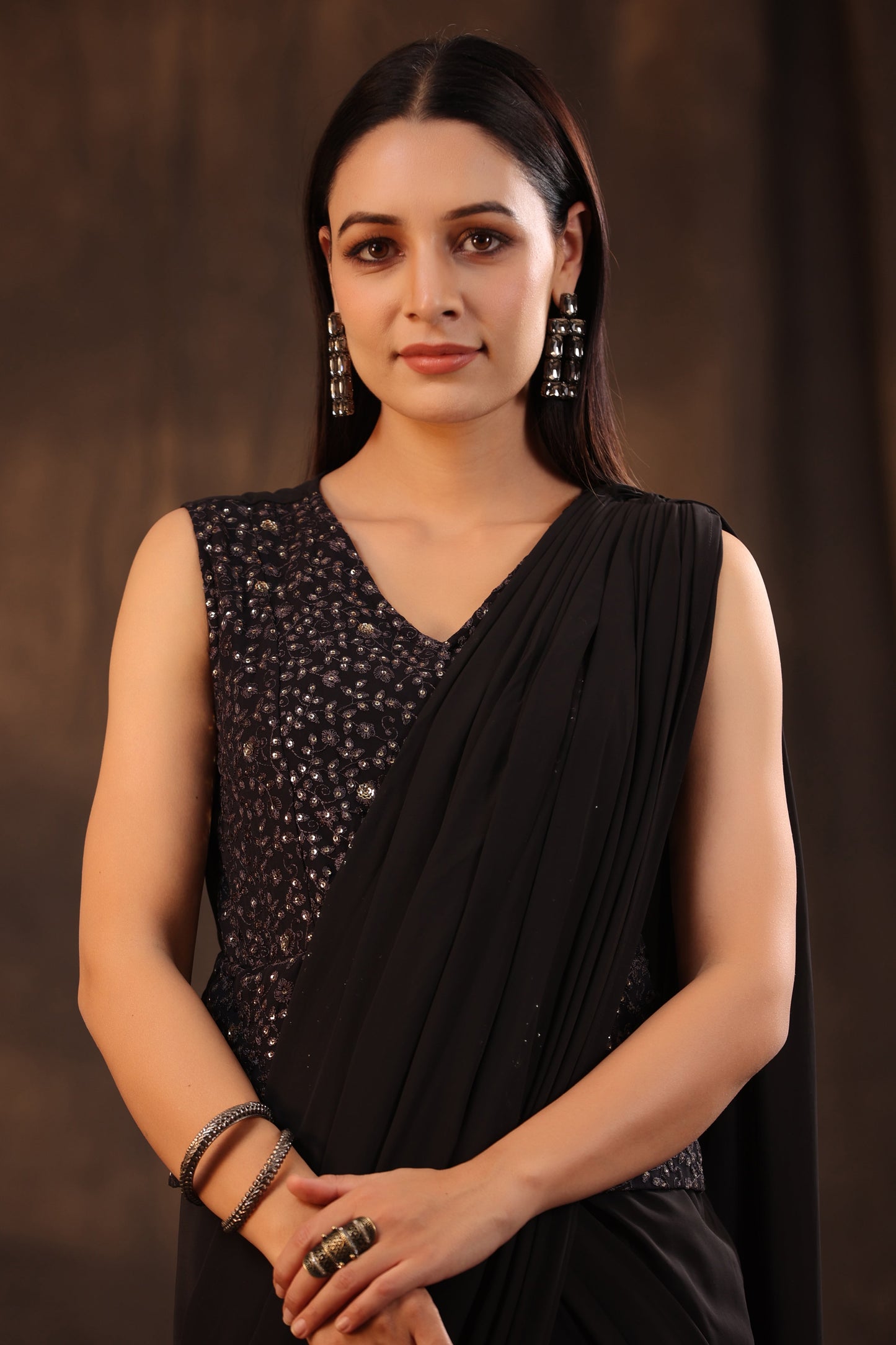 Black Georgette Embellished Saree Style Dress