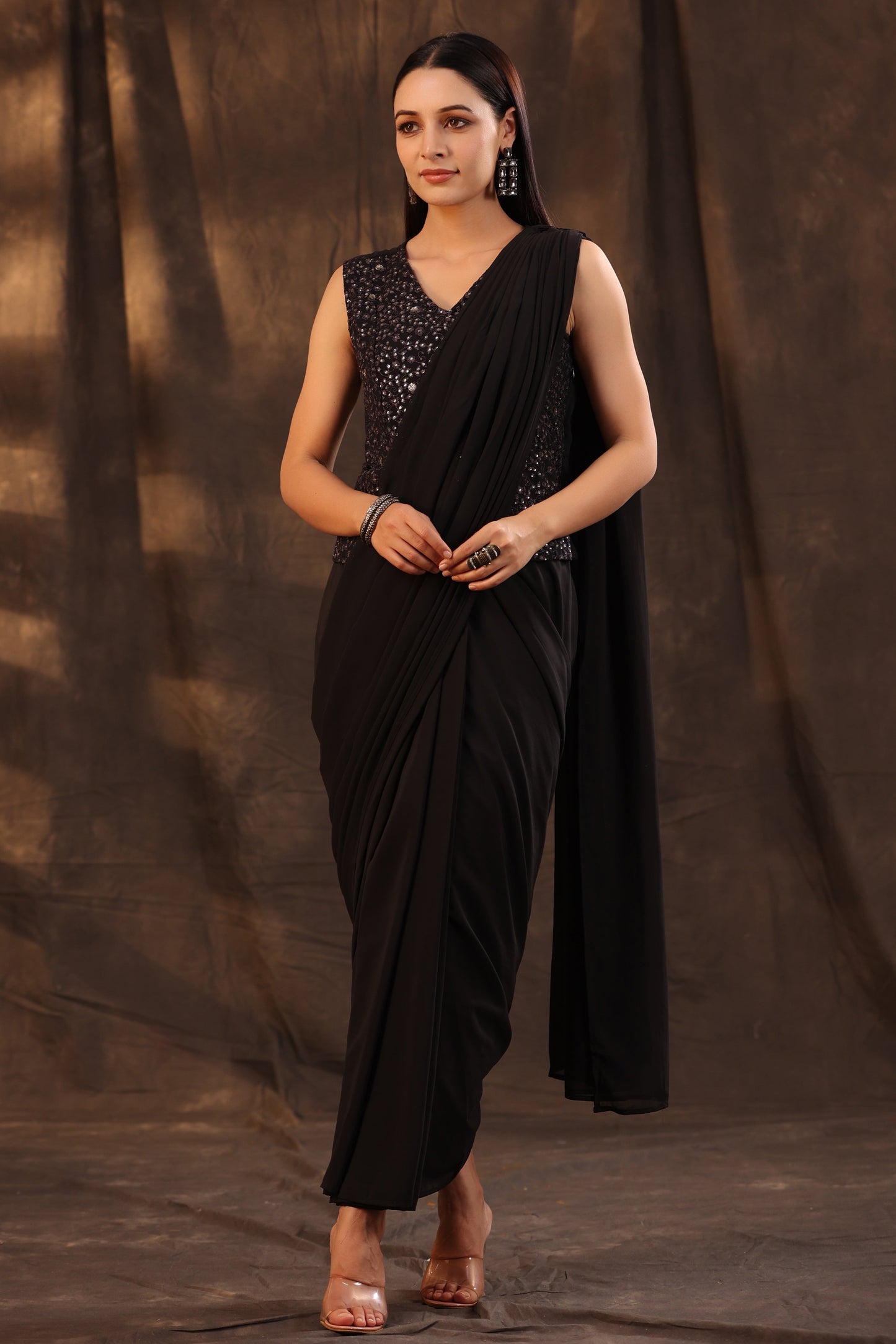 Black Georgette Embellished Saree Style Dress