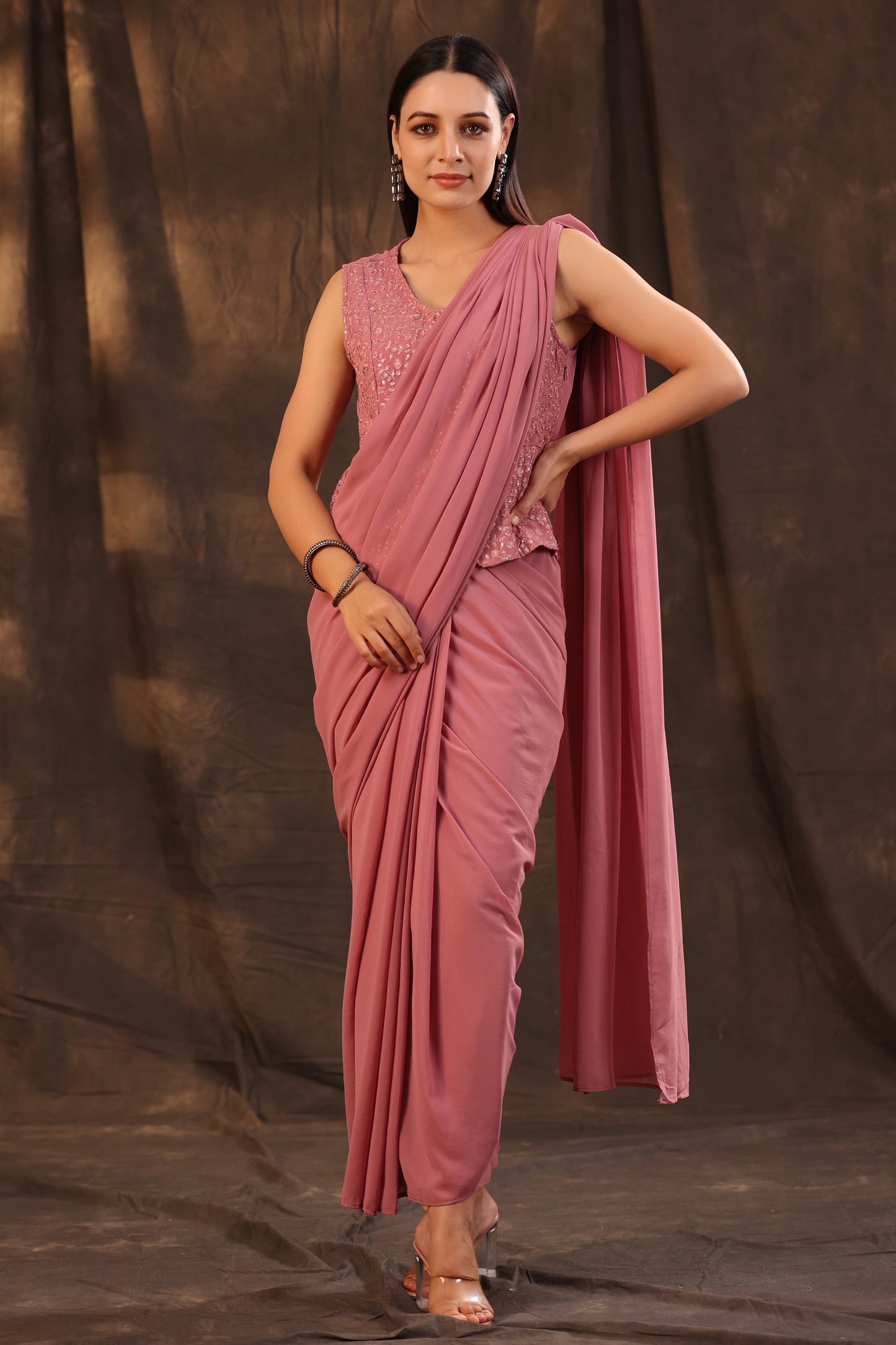 Rosegold Georgette Embellished Saree Style Dress