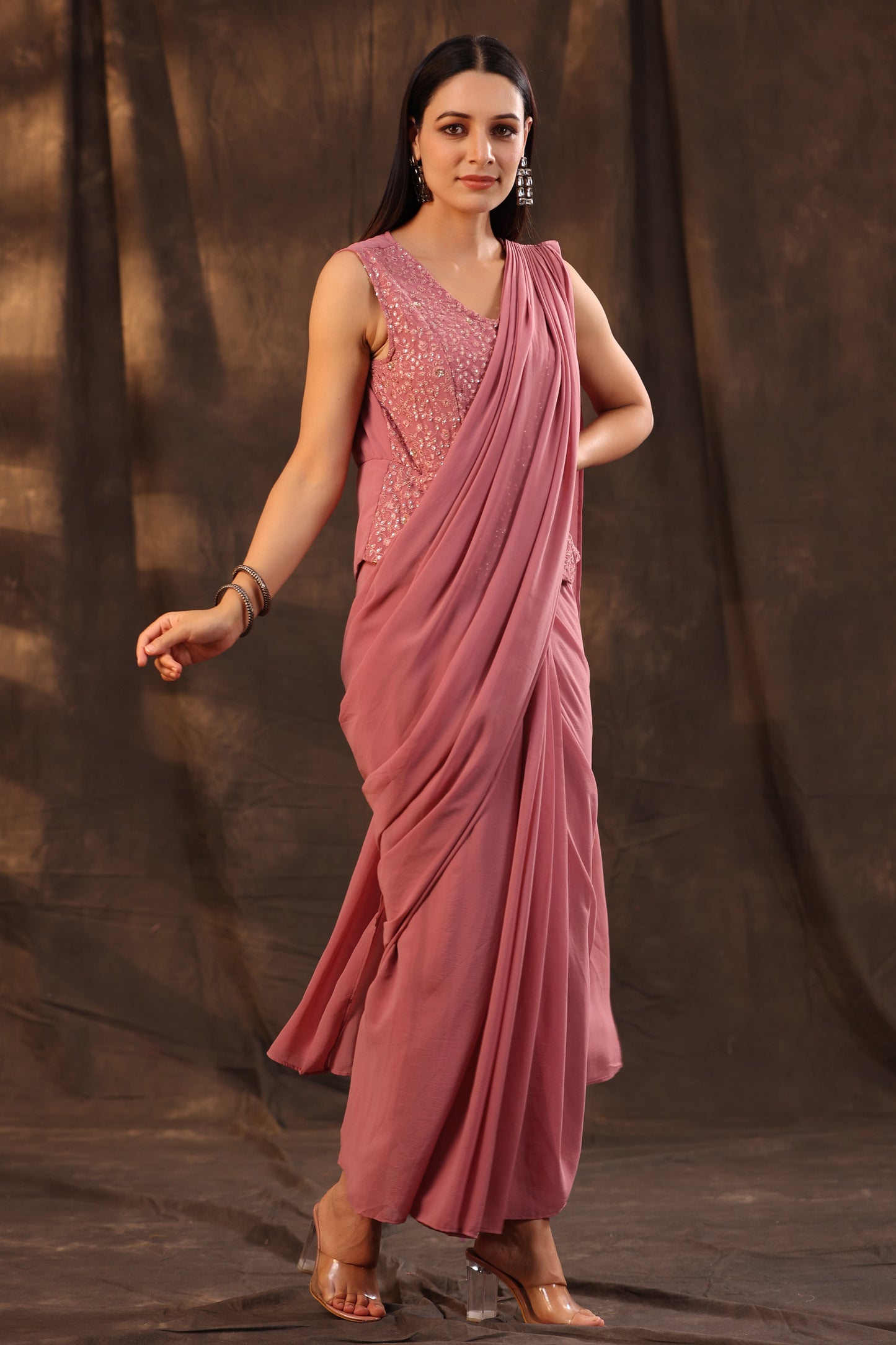 Rosegold Georgette Embellished Saree Style Dress