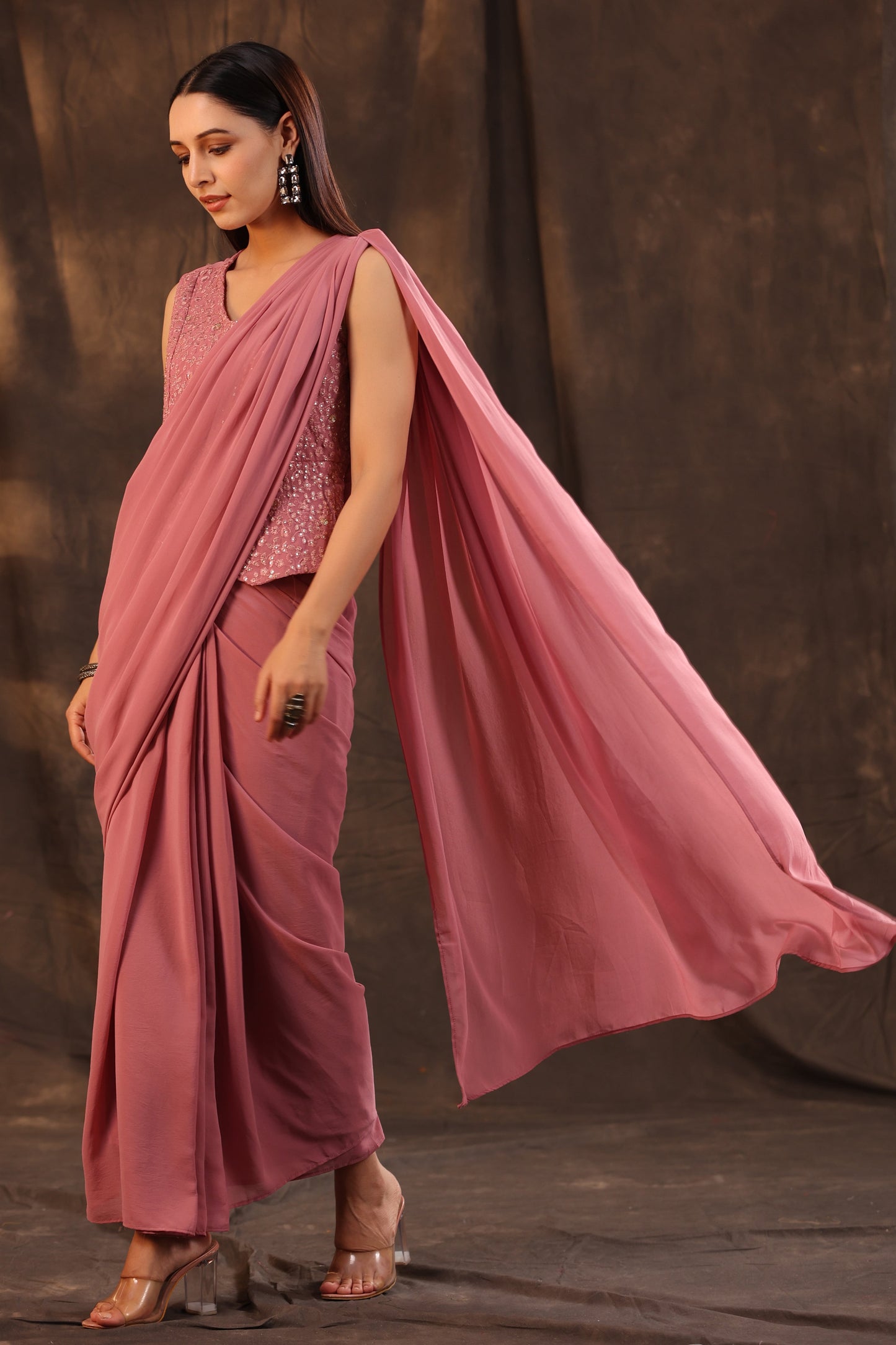 Rosegold Georgette Embellished Saree Style Dress