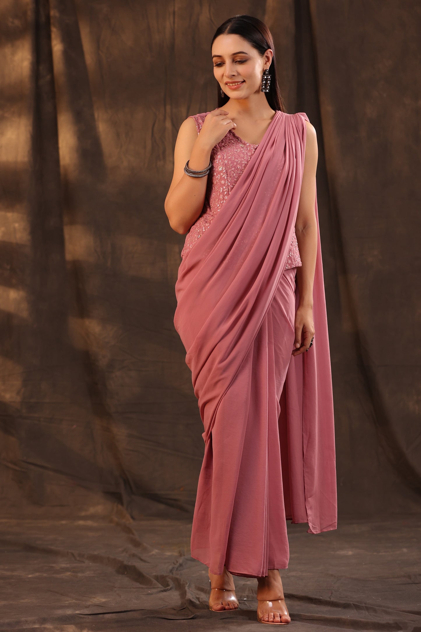 Rosegold Georgette Embellished Saree Style Dress