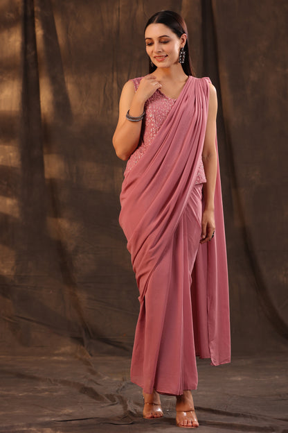 Rosegold Georgette Embellished Saree Style Dress