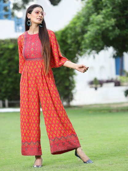 Coral Rayon Printed Regular Jumpsuit