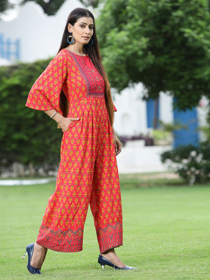 Coral Rayon Printed Regular Jumpsuit