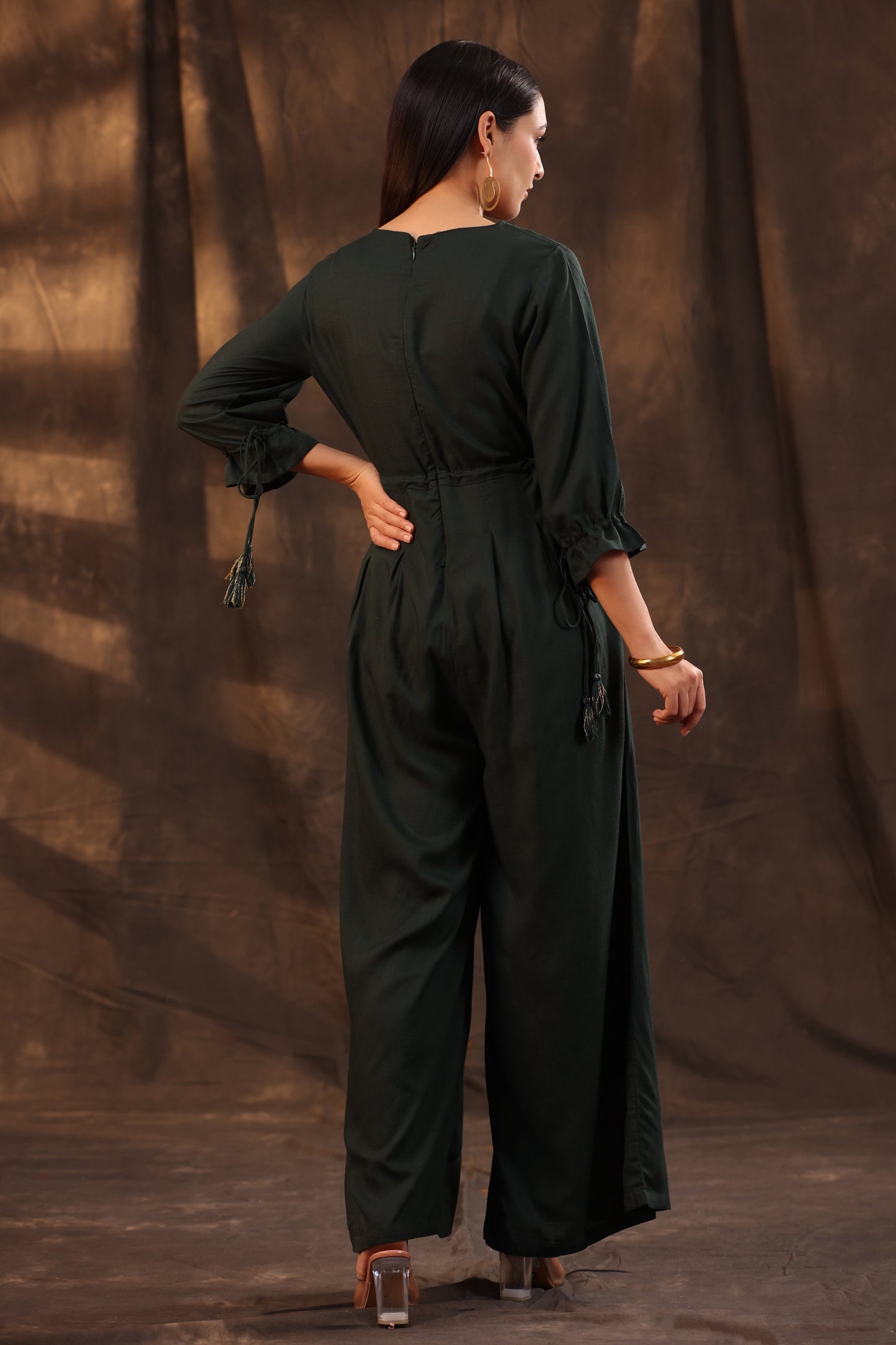 Jadegreen Rayon Slub Embroidered Regular Jumpsuit