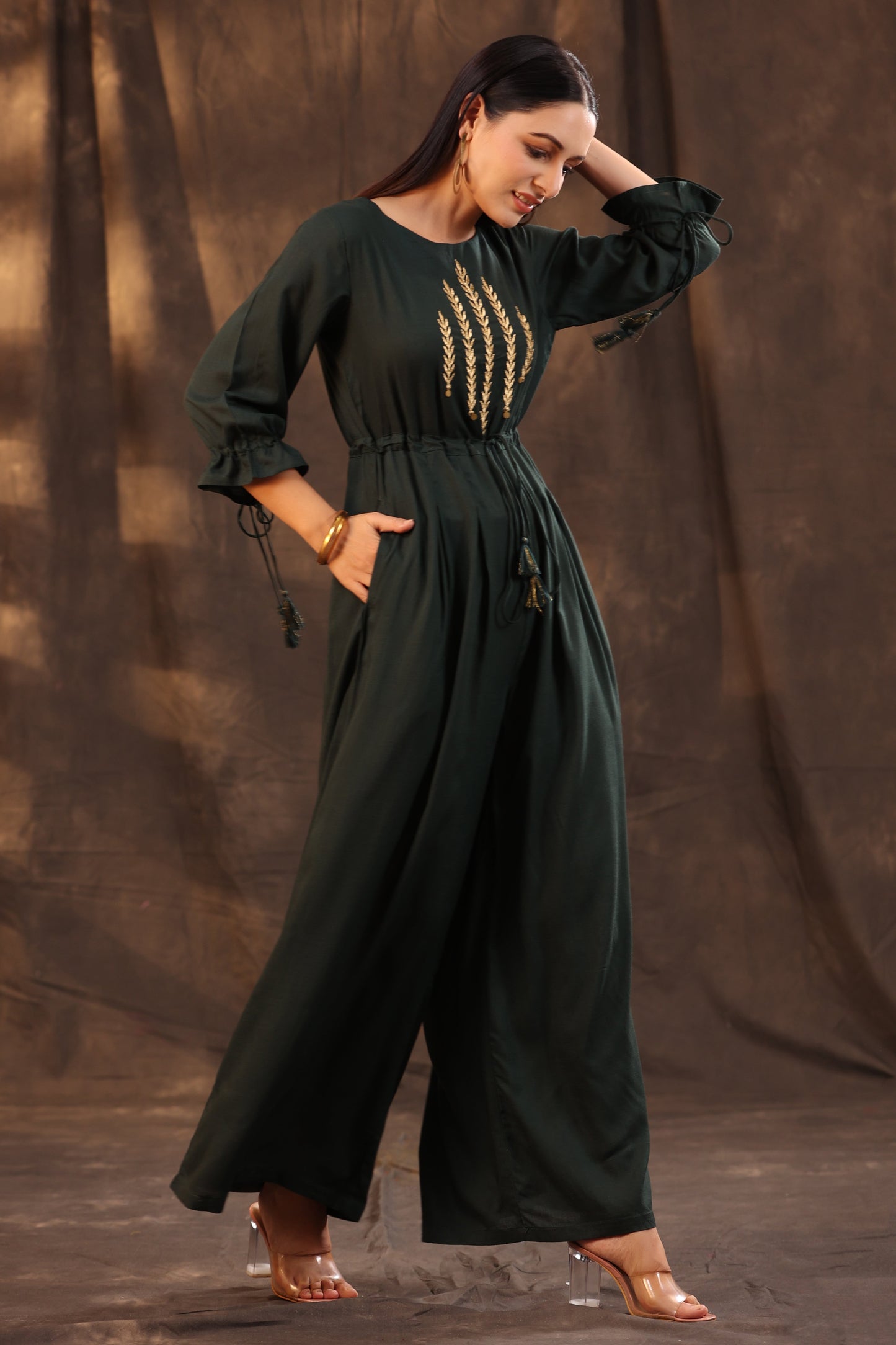 Jadegreen Rayon Slub Embroidered Regular Jumpsuit