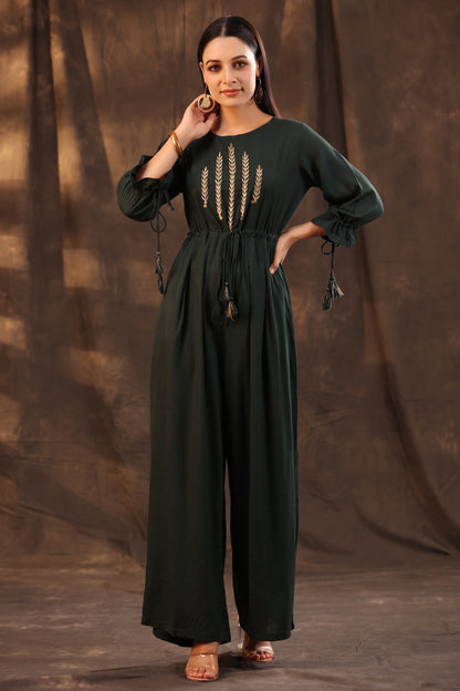 Jadegreen Rayon Slub Embroidered Regular Jumpsuit