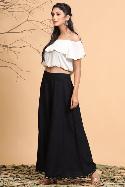Black Rayon Solid Flared Palazzo