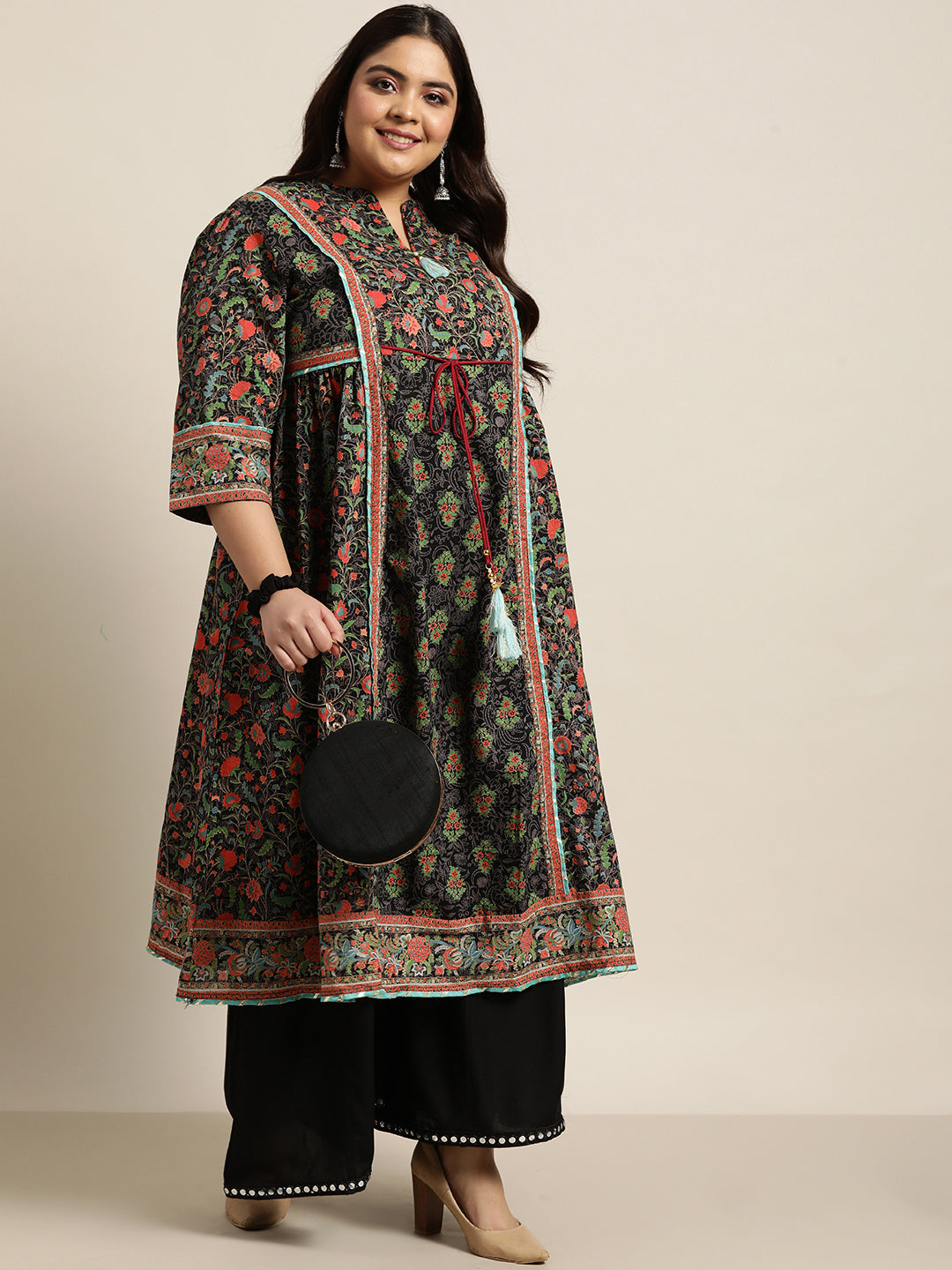 Black Rayon Daily Wear Printed A-Line Kurta
