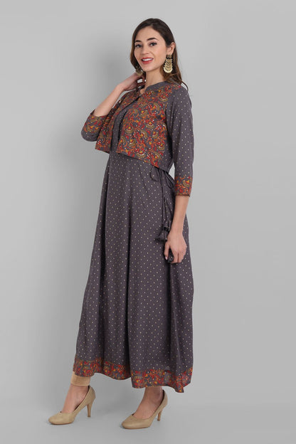 Grey Rayon Printed Flared Dress