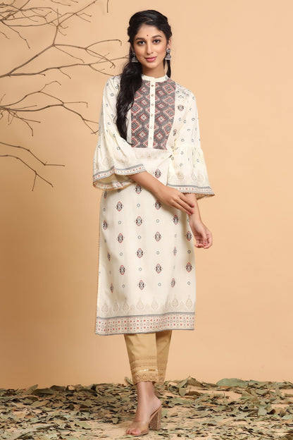 Ivory Rayon Staple Solid Straight Kurta Set