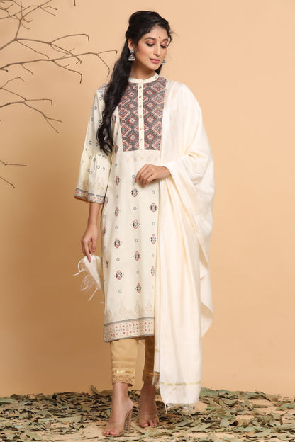 Ivory Rayon Staple Solid Straight Kurta Set