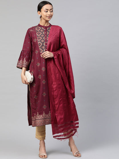 Wine Rayon Printed Straight Kurta Dupatta Set