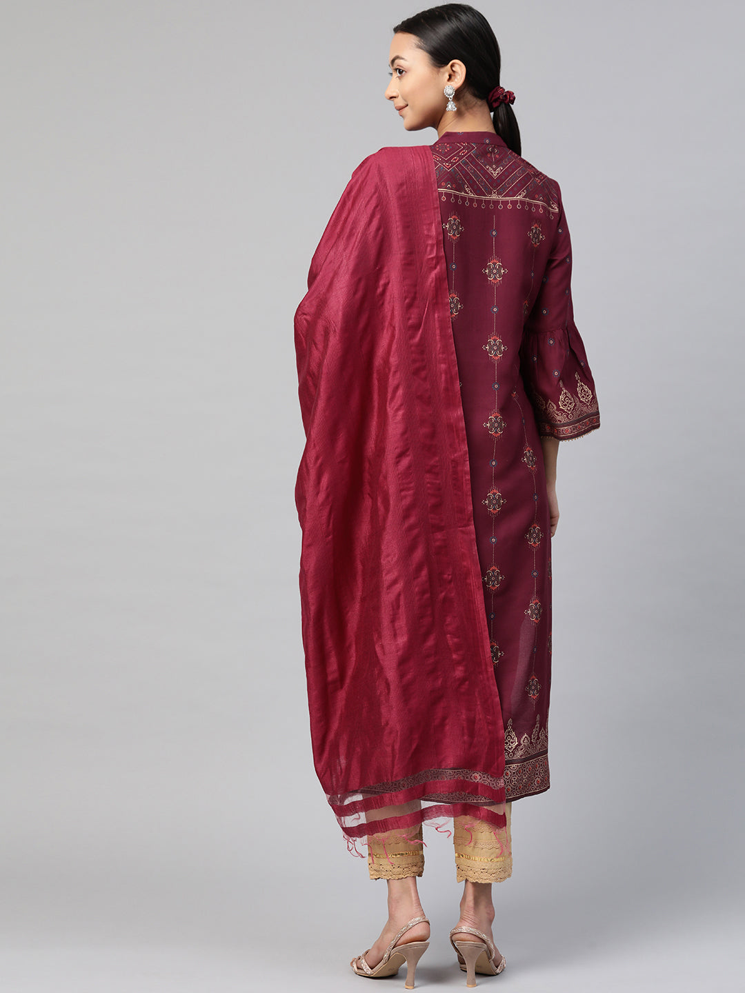 Wine Rayon Printed Straight Kurta Dupatta Set