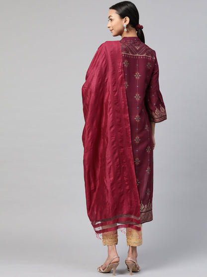 Wine Rayon Printed Straight Kurta Dupatta Set
