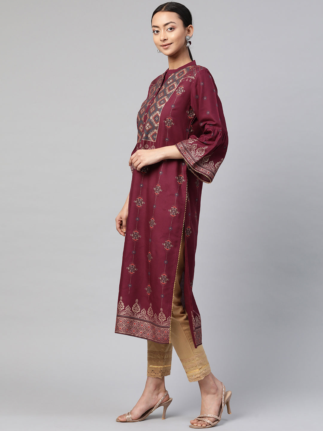 Wine Rayon Printed Straight Kurta Dupatta Set
