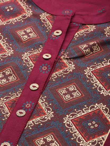 Wine Rayon Printed Straight Kurta Dupatta Set