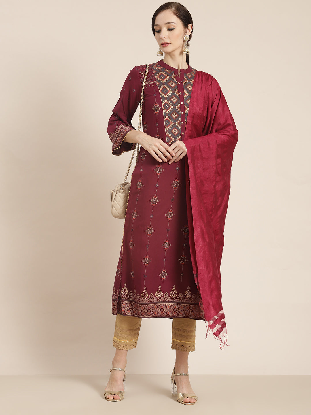 Wine Rayon Printed Straight Kurta Dupatta Set