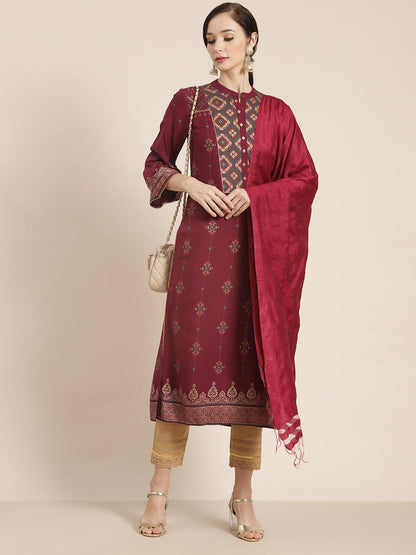 Wine Rayon Printed Straight Kurta Dupatta Set