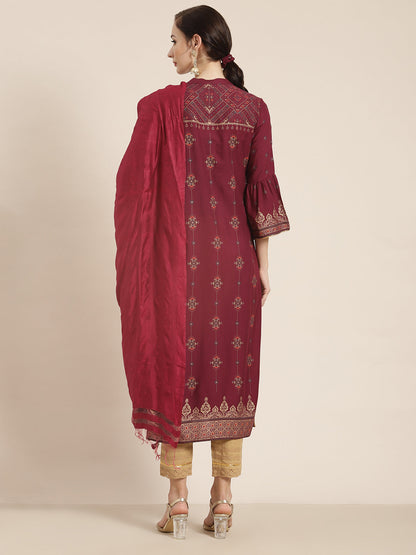 Wine Rayon Printed Straight Kurta Dupatta Set