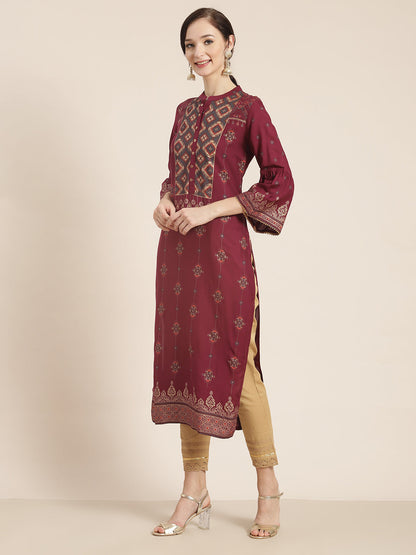 Wine Rayon Printed Straight Kurta Dupatta Set