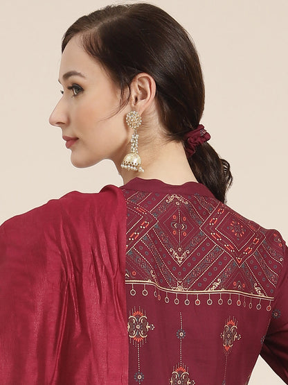Wine Rayon Printed Straight Kurta Dupatta Set