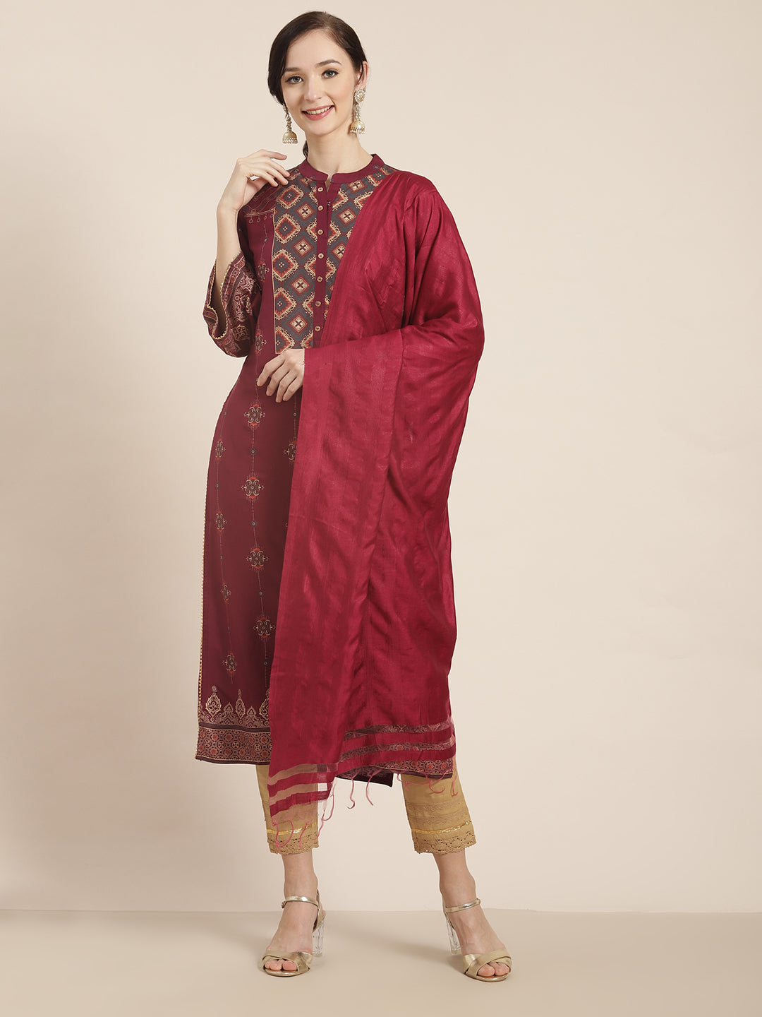 Wine Rayon Printed Straight Kurta Dupatta Set