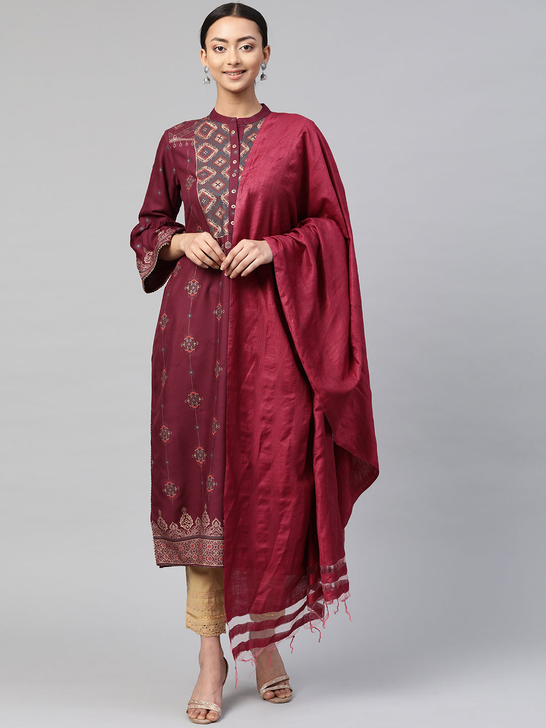 Wine Rayon Printed Straight Kurta Dupatta Set