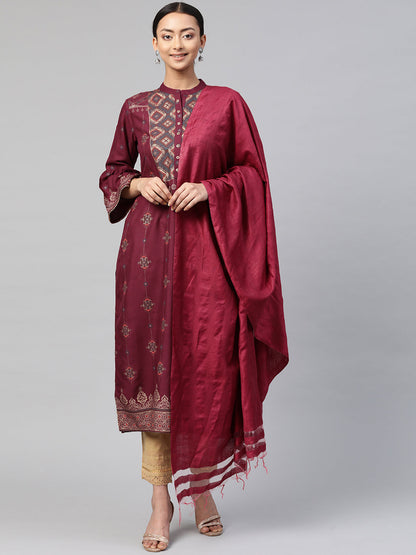 Wine Rayon Printed Straight Kurta Dupatta Set