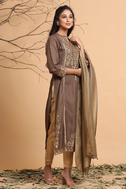 Brown Rayon Printed Straight Kurta Set