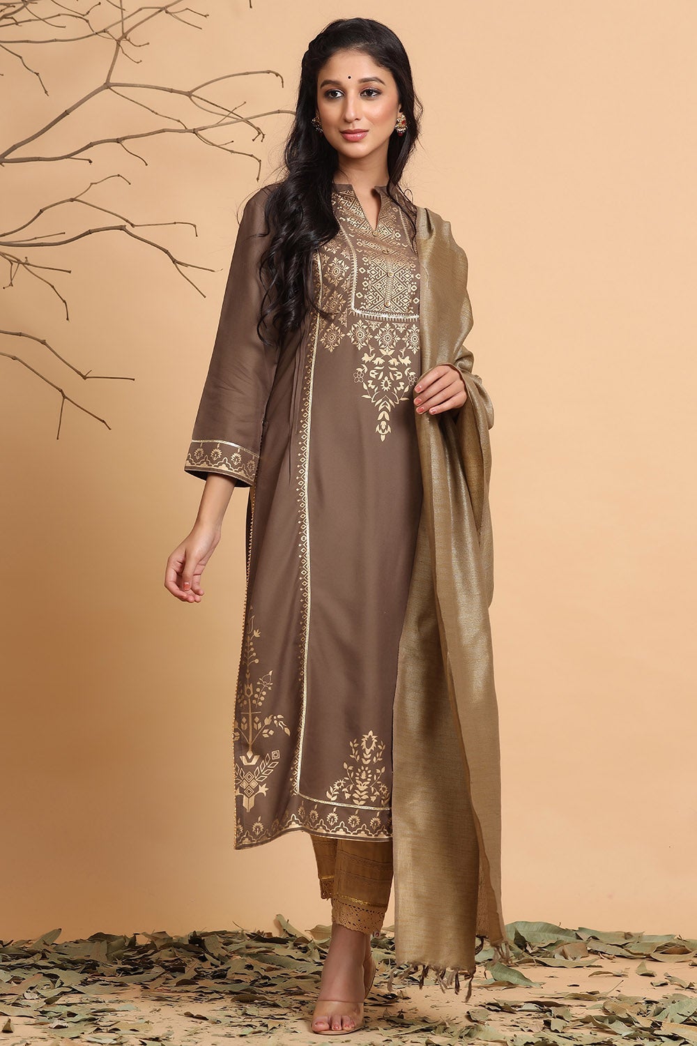 Brown Rayon Printed Straight Kurta Set