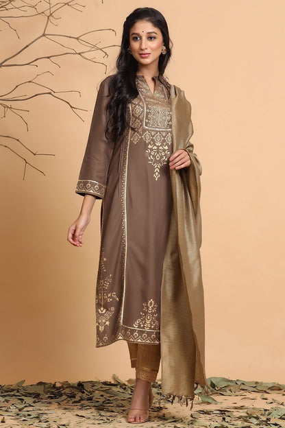 Brown Rayon Printed Straight Kurta Set