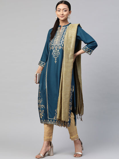 Darkteal Rayon Printed Straight Kurta Dupatta Set