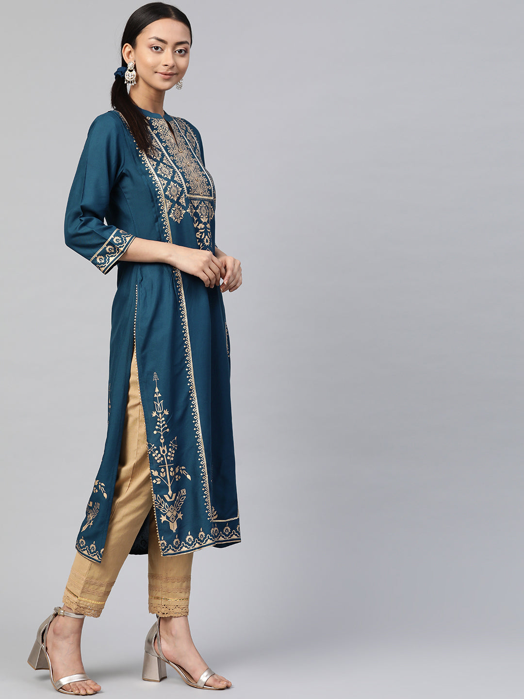 Darkteal Rayon Printed Straight Kurta Dupatta Set
