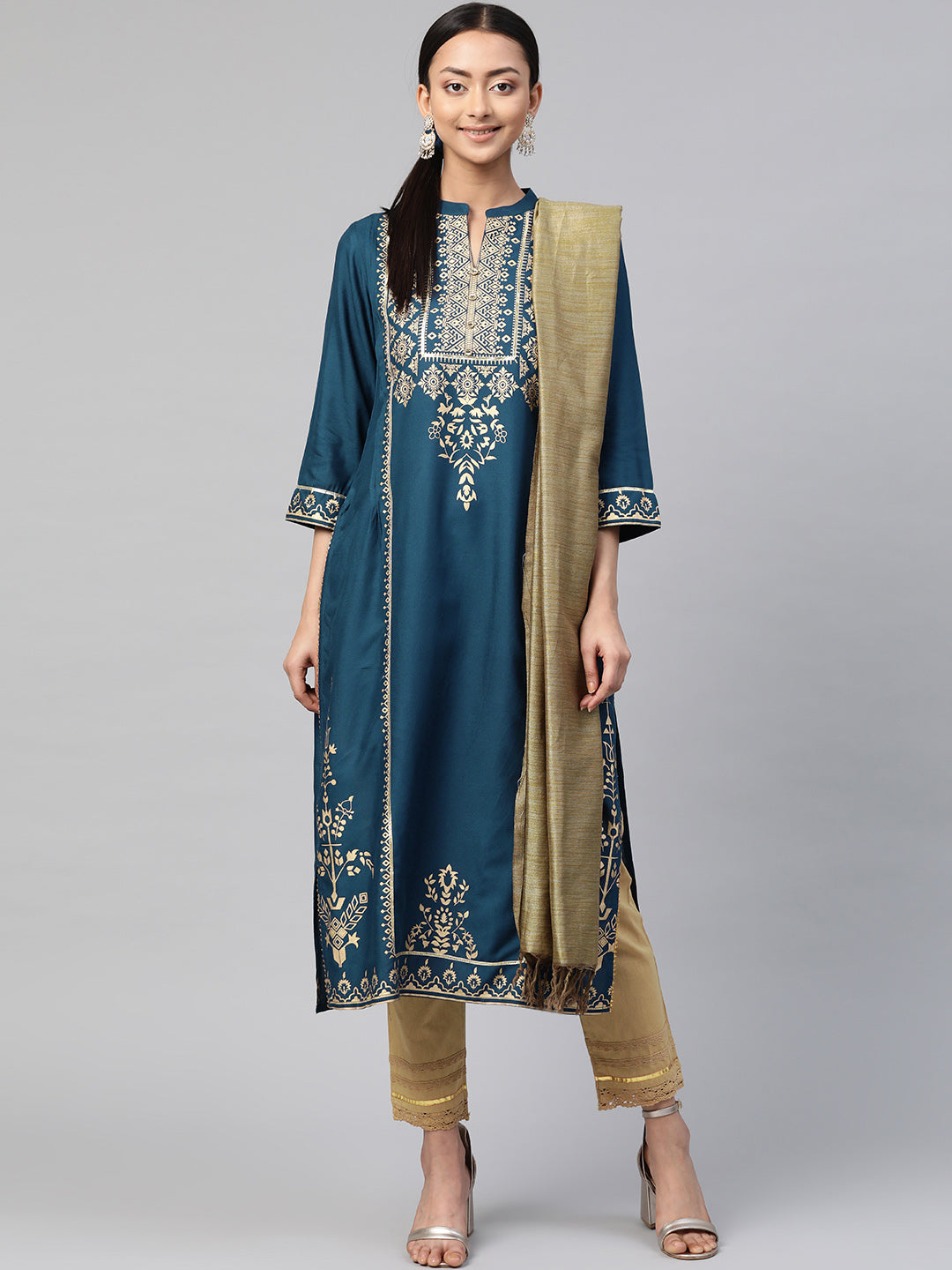 Darkteal Rayon Printed Straight Kurta Dupatta Set