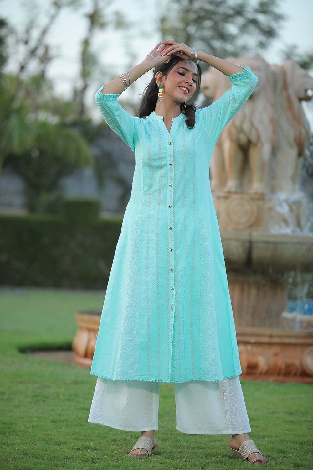 Aqua Cotton Dobby Printed A-Line Kurta