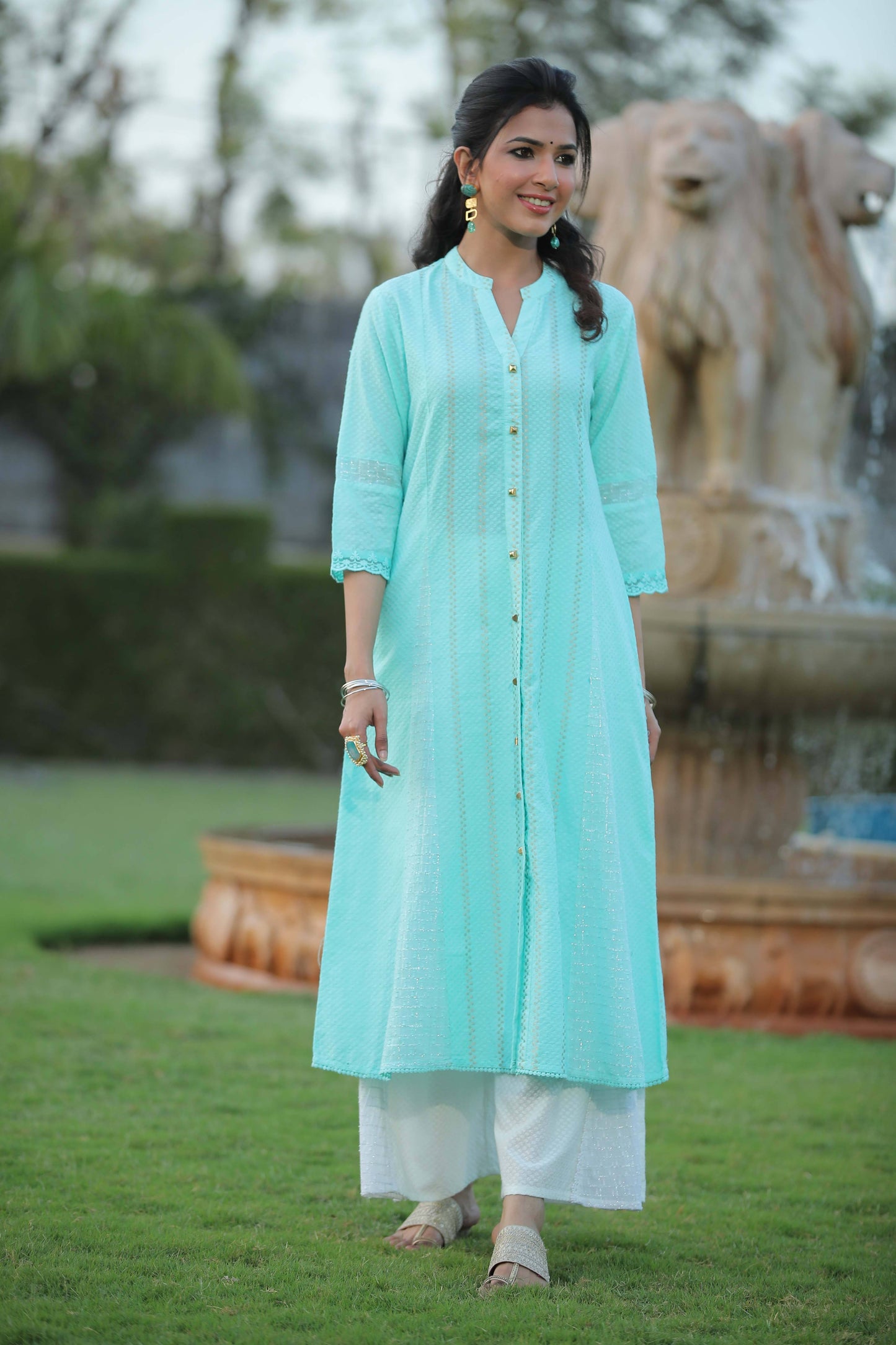 Aqua Cotton Dobby Printed A-Line Kurta