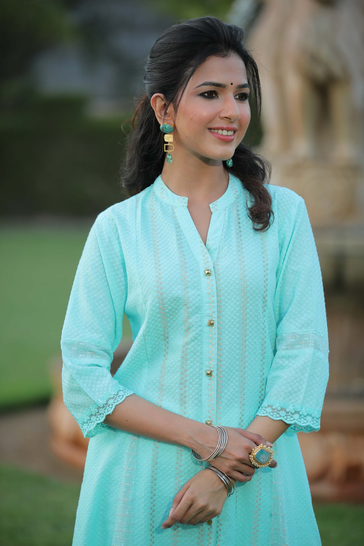 Aqua Cotton Dobby Printed A-Line Kurta