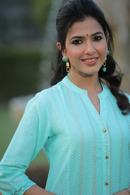 Aqua Cotton Dobby Printed A-Line Kurta