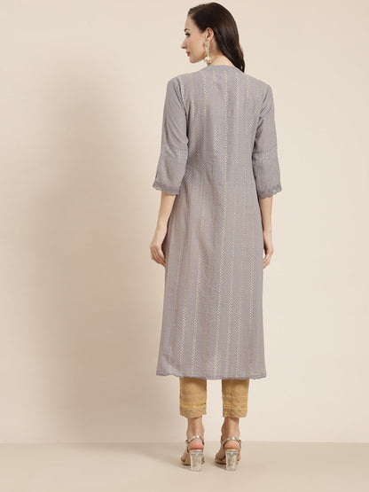 Grey Cotton Dobby Printed A-Line Kurta