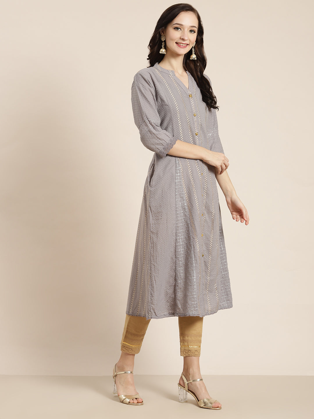 Grey Cotton Dobby Printed A-Line Kurta