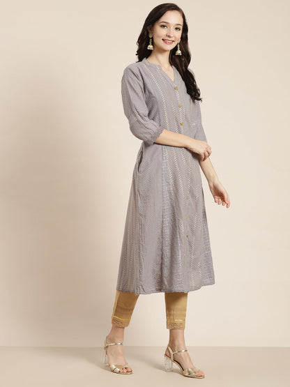 Grey Cotton Dobby Printed A-Line Kurta