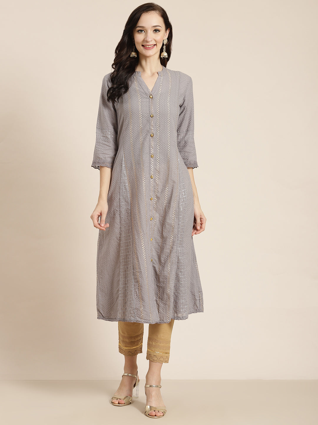 Grey Cotton Dobby Printed A-Line Kurta