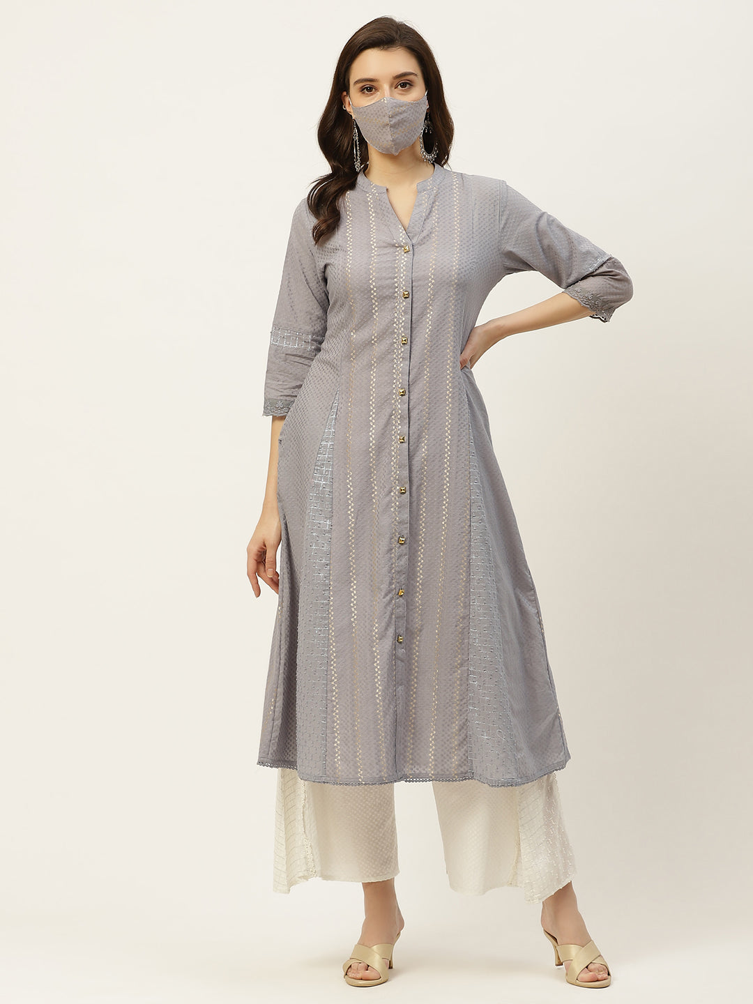 Grey Cotton Dobby Printed A-Line Kurta