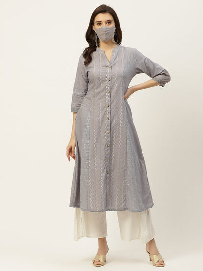 Grey Cotton Dobby Printed A-Line Kurta