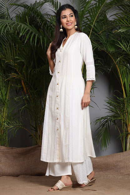 White Cotton Dobby Printed A-Line Kurta