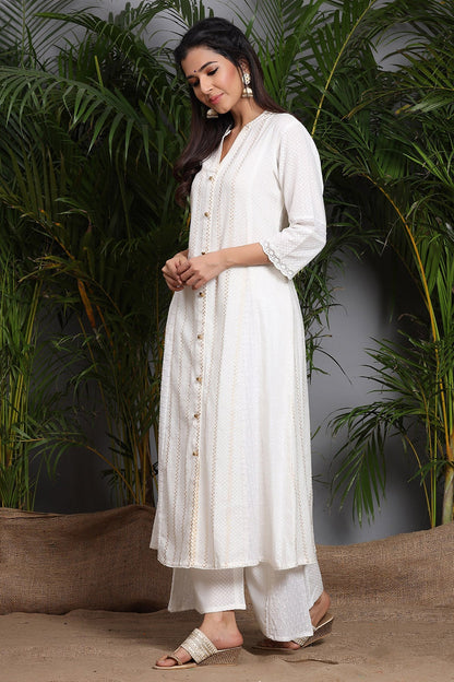 White Cotton Dobby Printed A-Line Kurta