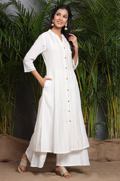 White Cotton Dobby Printed A-Line Kurta