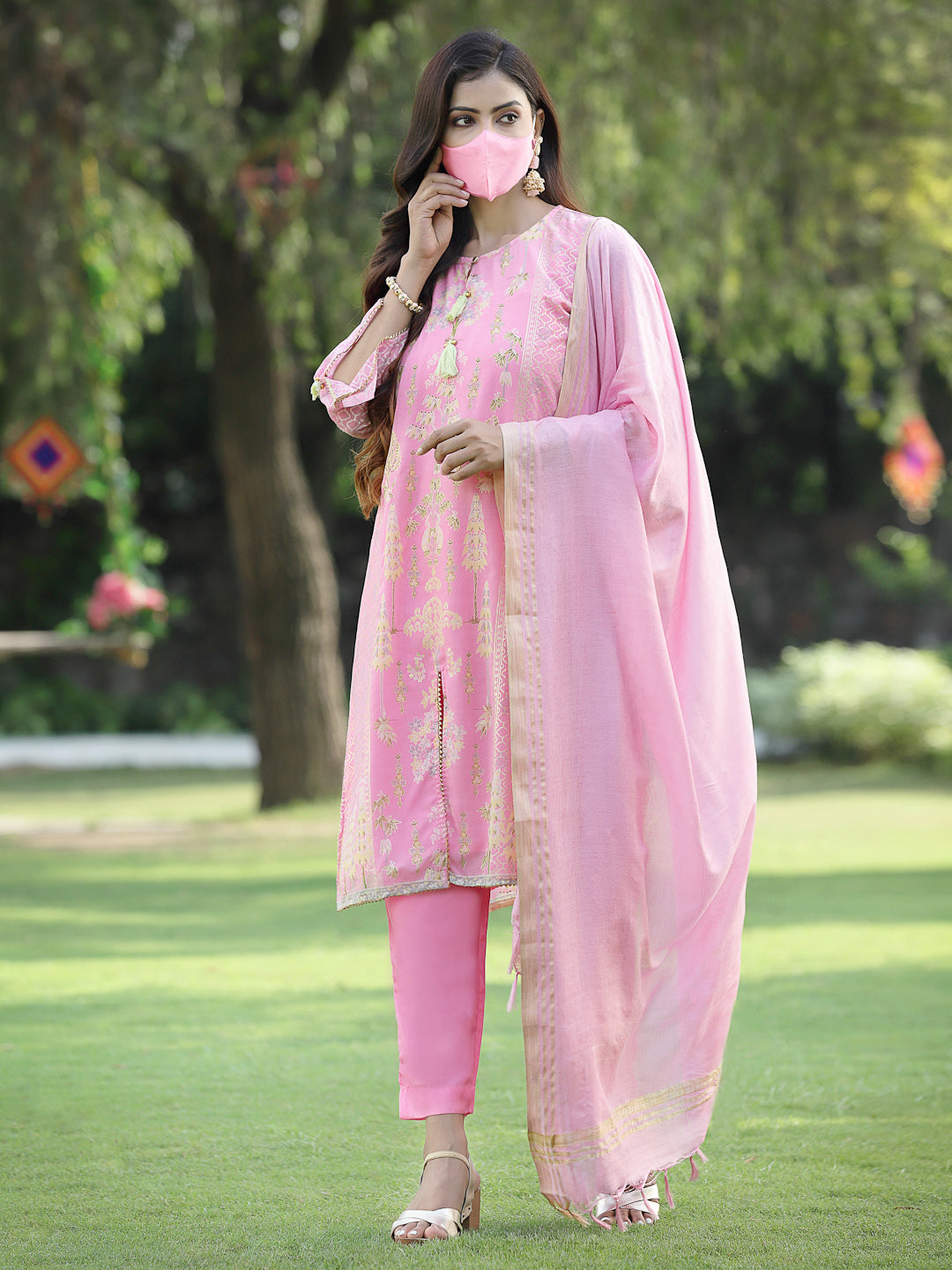Pink Georgette Printed A-Line Kurta Sets